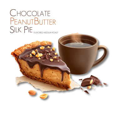 Chocolate Peanut Butter Silk Pie with a cup of coffee on a white background